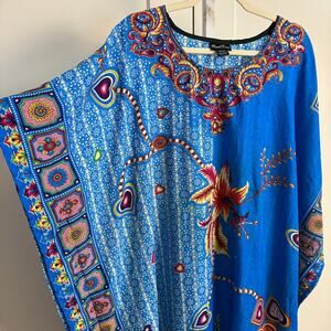 Vintage 1990s Blue Good Times Glitter Beaded Kaftan Maxi Dress Made In India
